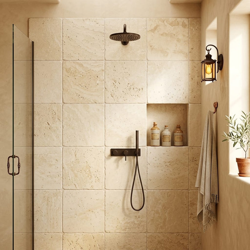 Walnut Travertine Tile 24x24 Tumbled — Bathroom shower wall