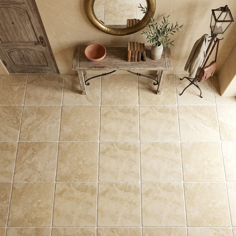 Walnut Travertine Tile 24x24 Tumbled — Foyer floor