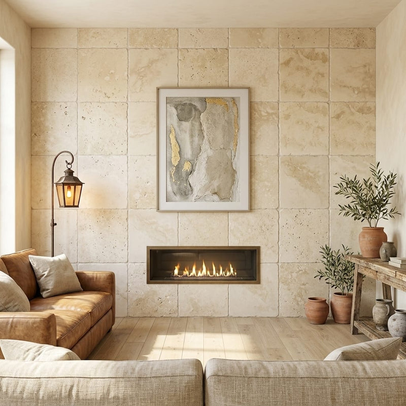 Walnut Travertine Tile 24x24 Tumbled — Living Room feature wall