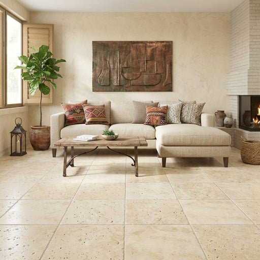 Walnut Travertine Tile 24x24 Tumbled — Living Room floor
