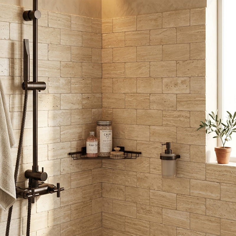 Walnut Travertine Tile 3x6 Tumbled — Bathroom shower wall