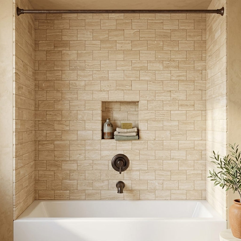 Walnut Travertine Tile 3x6 Tumbled — Bathroom tub surround