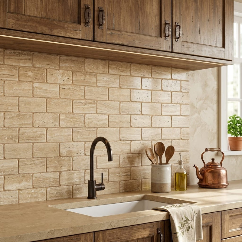Walnut Travertine Tile 3x6 Tumbled — Kitchen backsplash
