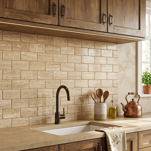 Walnut Travertine Tile 3x6 Tumbled — Kitchen backsplash