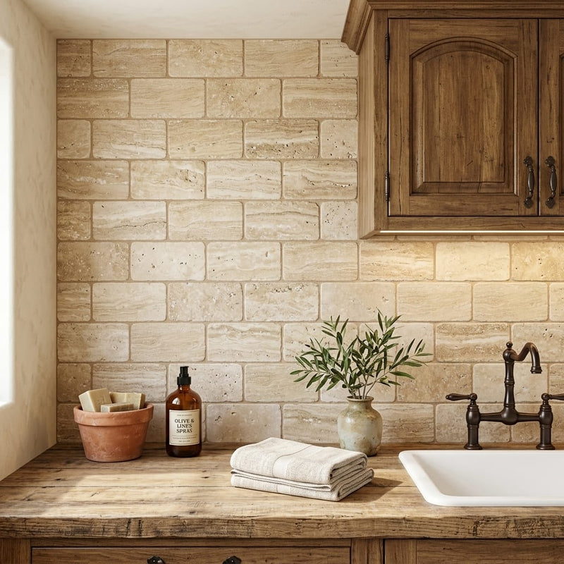Walnut Travertine Tile 3x6 Tumbled — Laundry Room backsplash