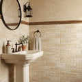Walnut Travertine Tile 3x6 Tumbled — Powder Room wainscot