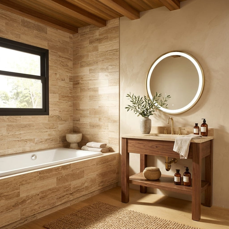 Walnut Travertine Tile 4x16 Filled, Honed — Bathroom shower wall