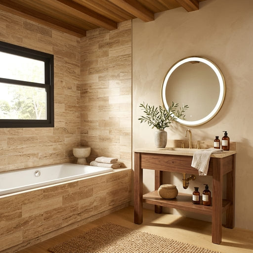 Walnut Travertine Tile 4x16 Filled, Honed — Bathroom shower wall