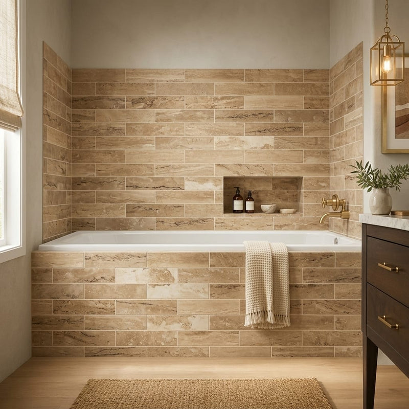 Walnut Travertine Tile 4x16 Filled, Honed — Bathroom tub surround