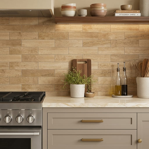Walnut Travertine Tile 4x16 Filled, Honed — Kitchen backsplash