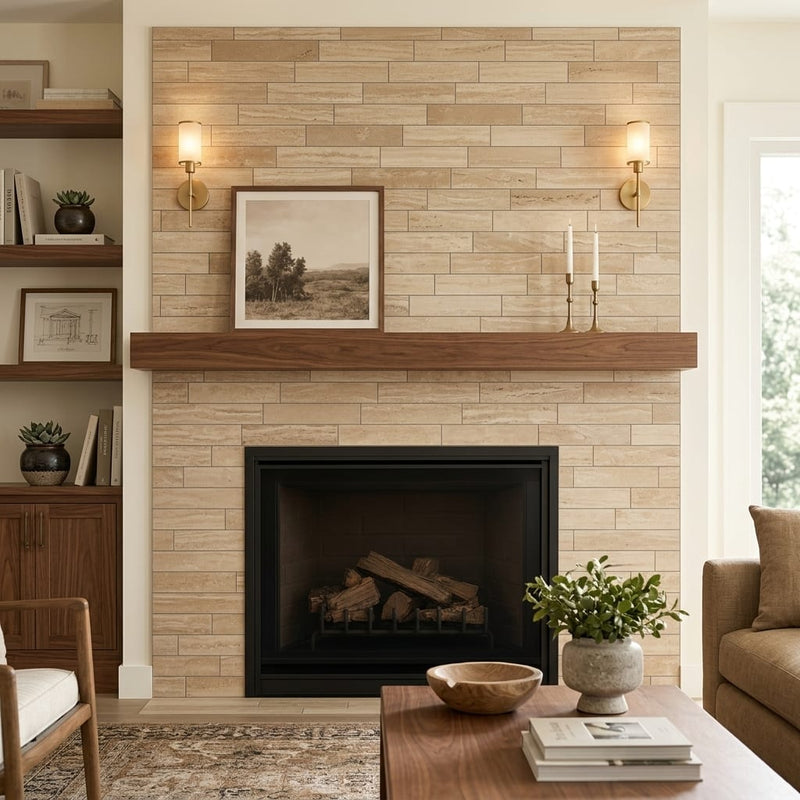 Walnut Travertine Tile 4x16 Filled, Honed — Living Room fireplace surround
