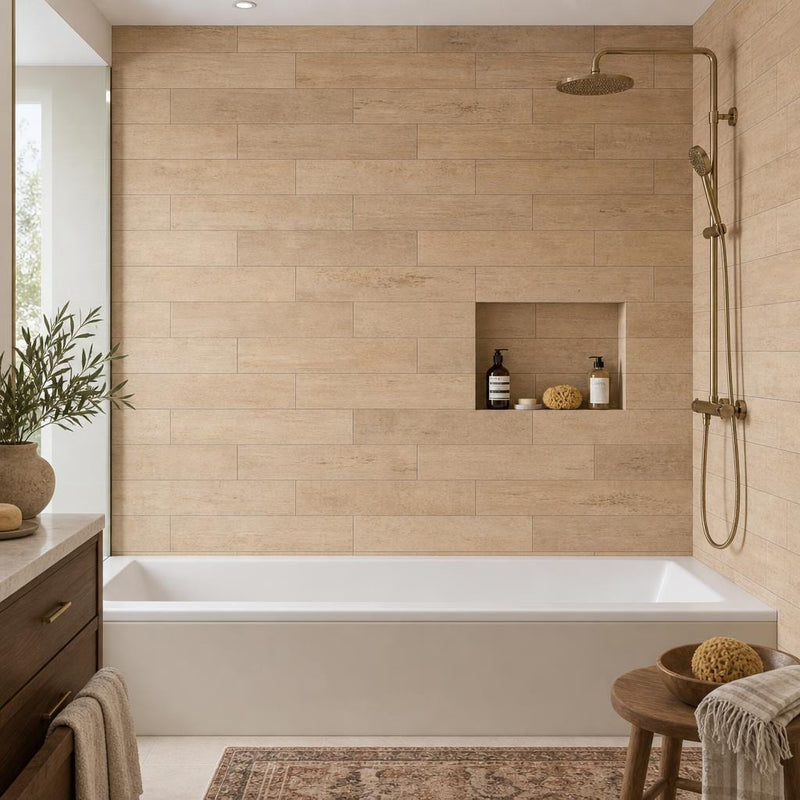 Walnut Travertine Tile 4x24 Polished — Bathroom tub surround