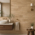 Walnut Travertine Tile 4x24 Polished — Bathroom wall