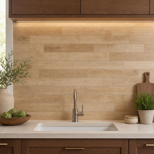 Walnut Travertine Tile 4x24 Polished — Kitchen backsplash