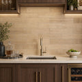 Walnut Travertine Tile 4x24 Polished — Wet Bar backsplash