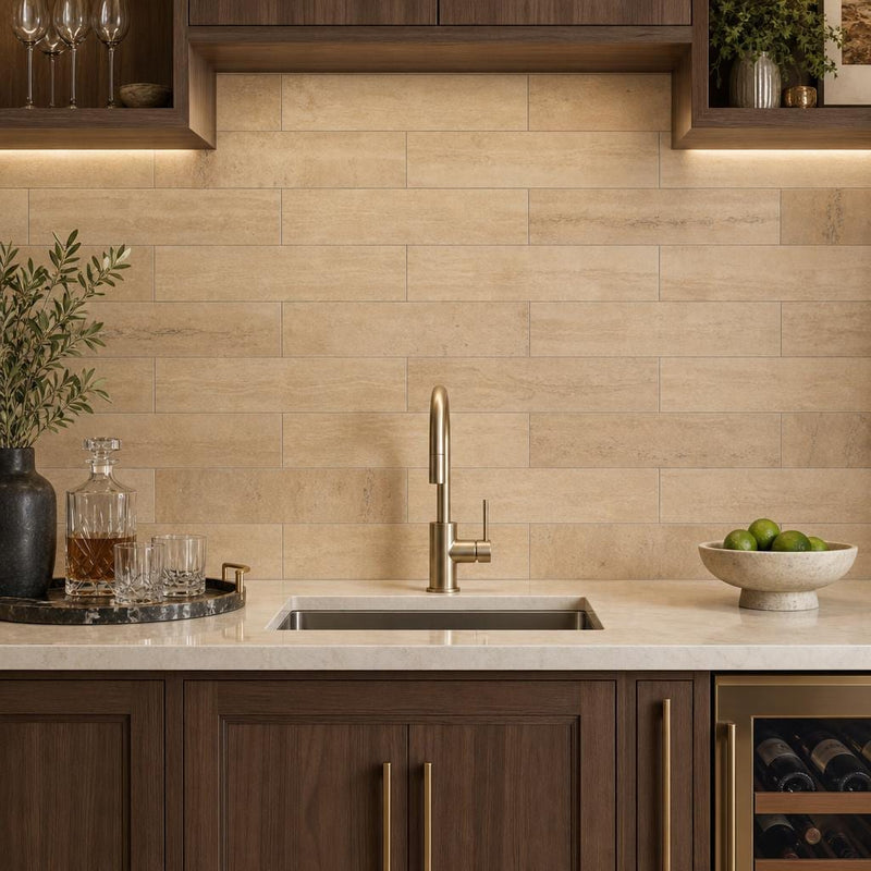 Walnut Travertine Tile 4x24 Polished — Wet Bar backsplash