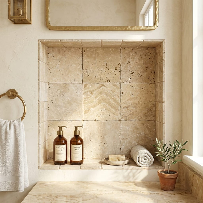 Walnut Travertine Tile 4x4 Tumbled — Bathroom niche