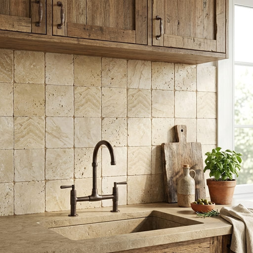 Walnut Travertine Tile 4x4 Tumbled — Kitchen backsplash