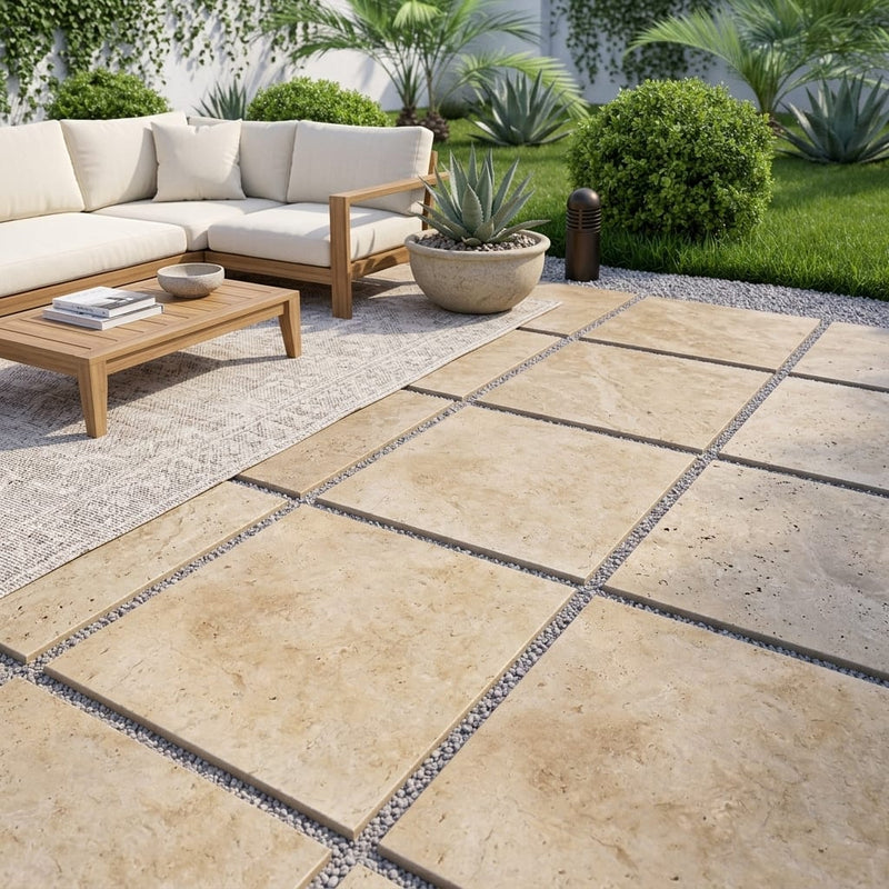 Walnut Tumbled 24x24 1-1/4" Travertine Paver — Backyard patio