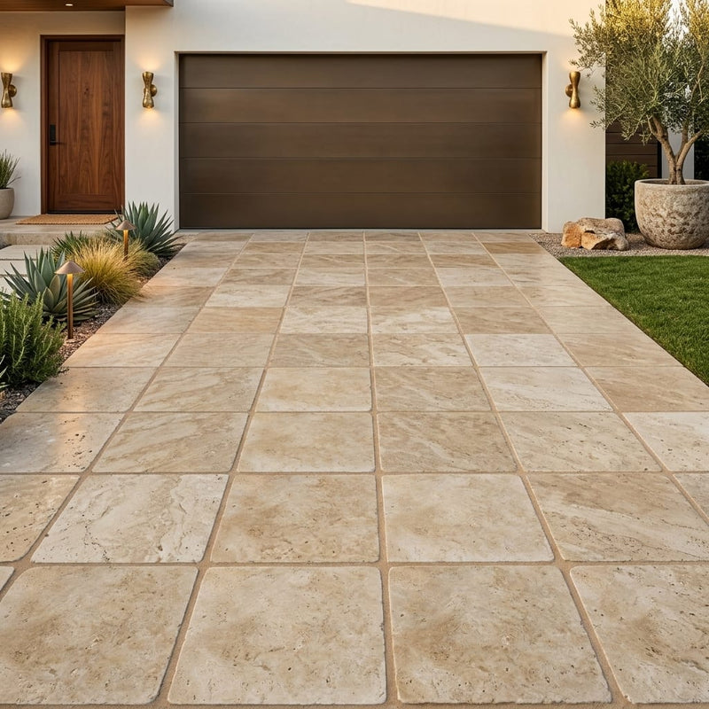 Walnut Tumbled 24x24 1-1/4" Travertine Paver — Front Yard driveway