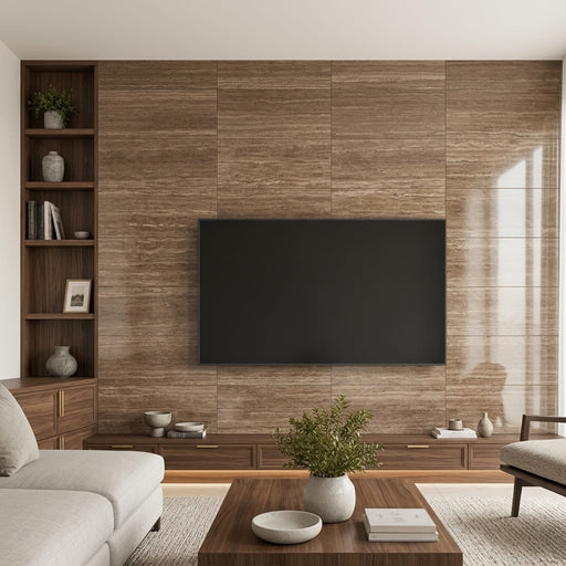 Walnut Unfilled Polished Vein Cut 12x24 Travertine Tile — Living Room feature wall