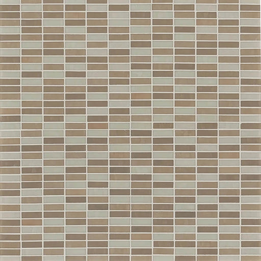 Wanderlust Bazaar Encounters in Marrakech glass mosaic with 0.5x2 rectangular tiles in beige, taupe and pale gray-green tones, arranged in a stacked pattern.