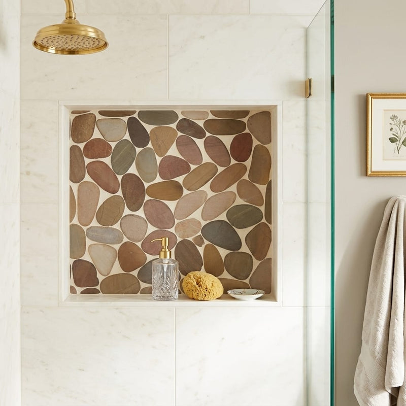 Waterbrook Brown 12x12 Jumbo Sliced Pebble Marble Mosaic 12x12_sheet — Bathroom niche