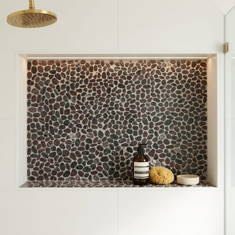 Waterbrook Rosso Levanto 12x12 Medium Sliced Pebble Marble Mosaic 12x12_sheet — Bathroom niche
