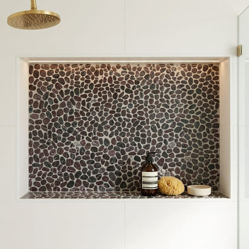Waterbrook Rosso Levanto 12x12 Medium Sliced Pebble Marble Mosaic 12x12_sheet — Bathroom niche