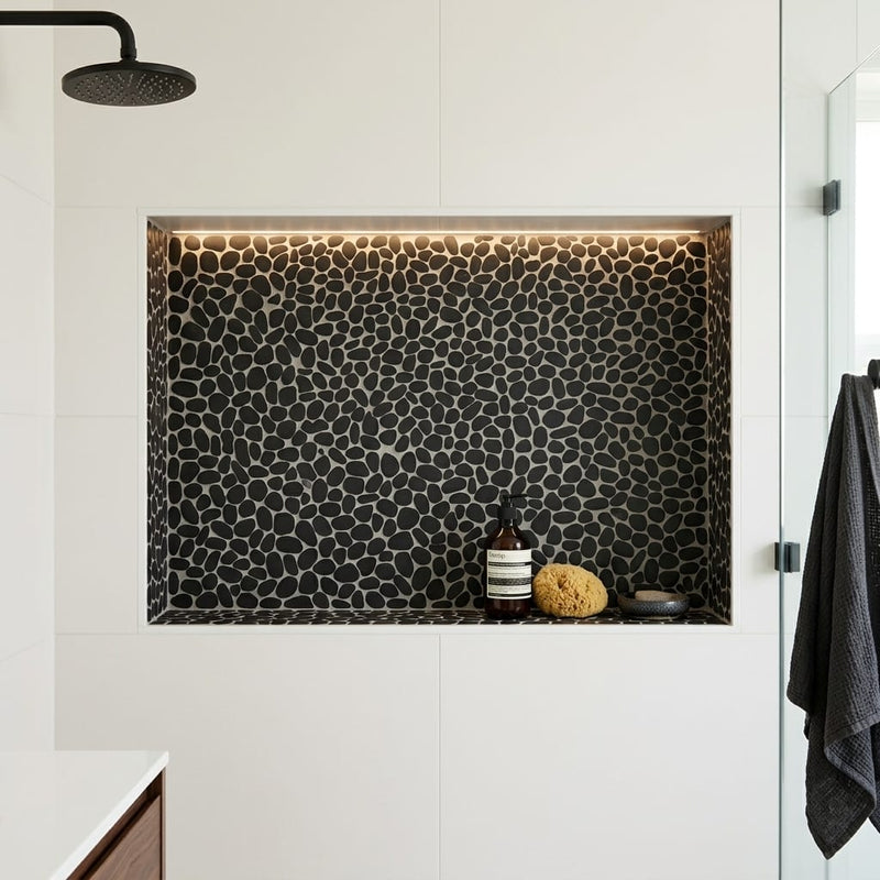Waterbrook Super Black 12x12 Jumbo Sliced Pebble Stone Mosaic 12x12_sheet — Bathroom niche