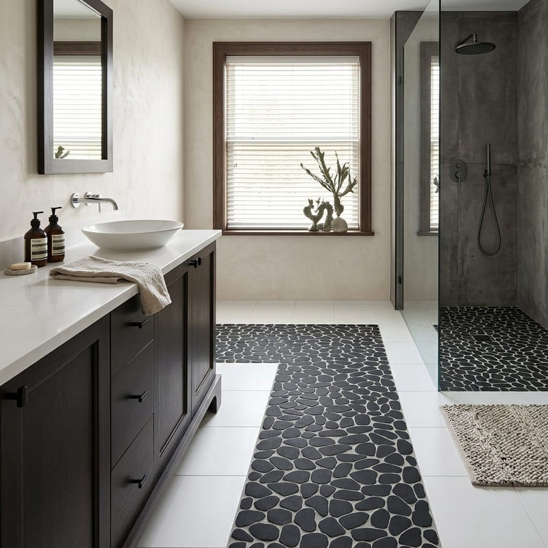 Waterbrook Super Black 12x12 Jumbo Sliced Pebble Stone Mosaic 12x12_sheet — Bathroom shower floor
