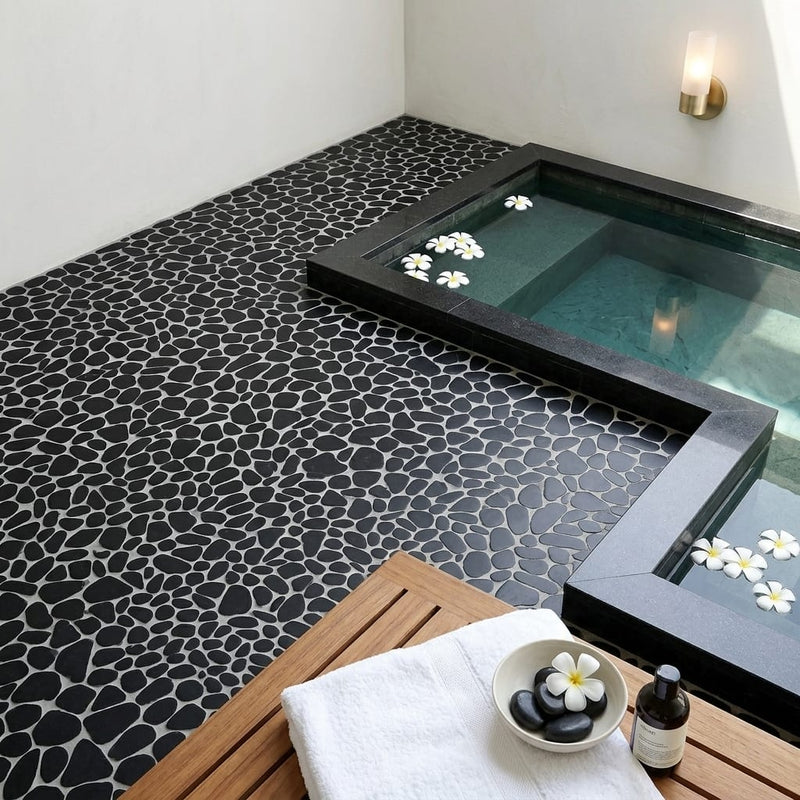 Waterbrook Super Black 12x12 Jumbo Sliced Pebble Stone Mosaic 12x12_sheet — Spa spa interior