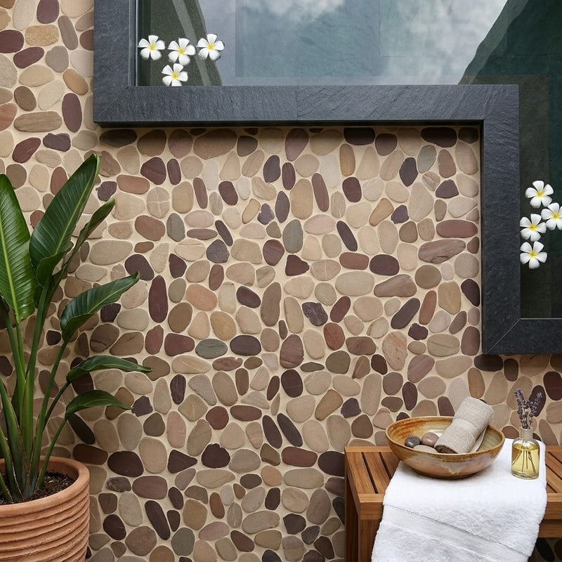 Waterbrook Tan/Brown/Cherry 12x12 Jumbo Sliced Pebble Stone Mosaic 12x12_sheet — Spa spa interior