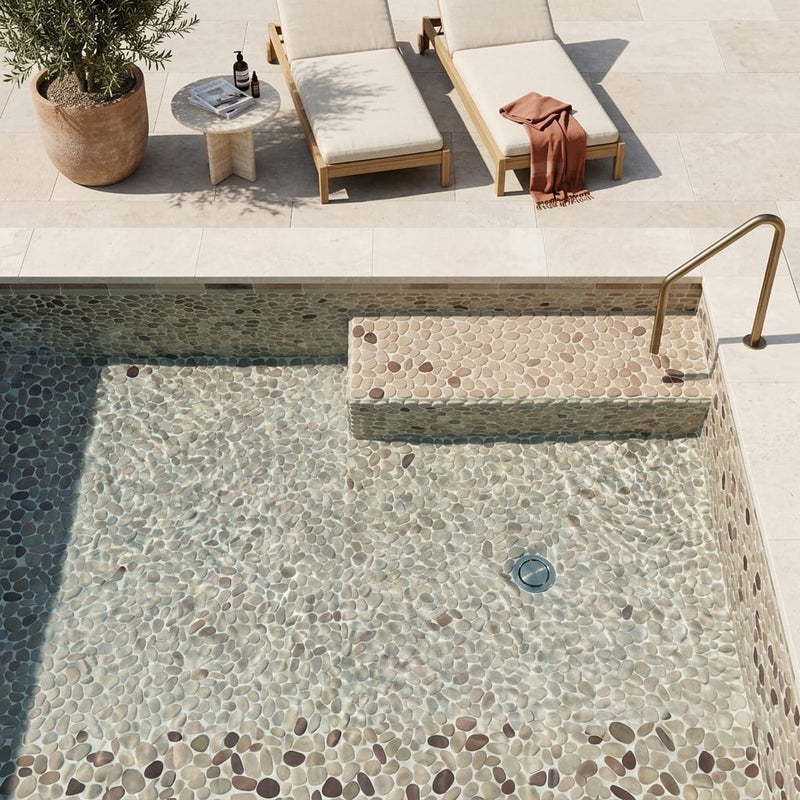 Waterbrook Tan/Brown/Cherry 12x12 Jumbo Sliced Pebble Stone Mosaic 12x12_sheet — Swimming Pool pool interior