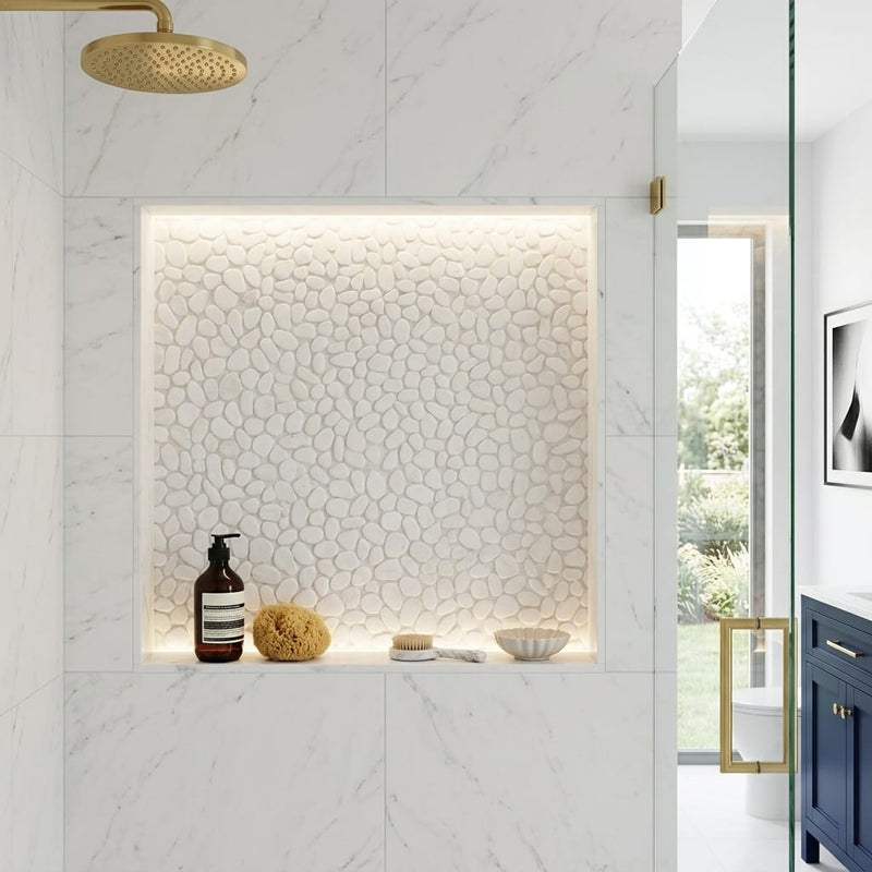 Waterbrook Thassos White 12x12 Medium Sliced Pebble Marble Mosaic 12x12_sheet — Bathroom niche