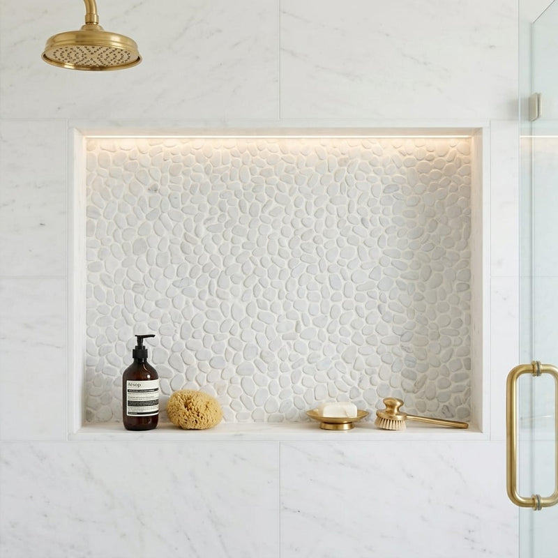 Waterbrook White Carrara 12x12 Medium Sliced Pebble Marble Mosaic 12x12_sheet — Bathroom niche