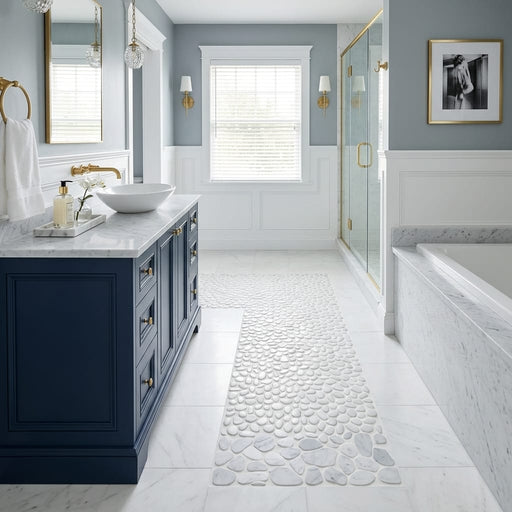 Waterbrook White Carrara 12x12 Medium Sliced Pebble Marble Mosaic 12x12_sheet — Bathroom shower floor
