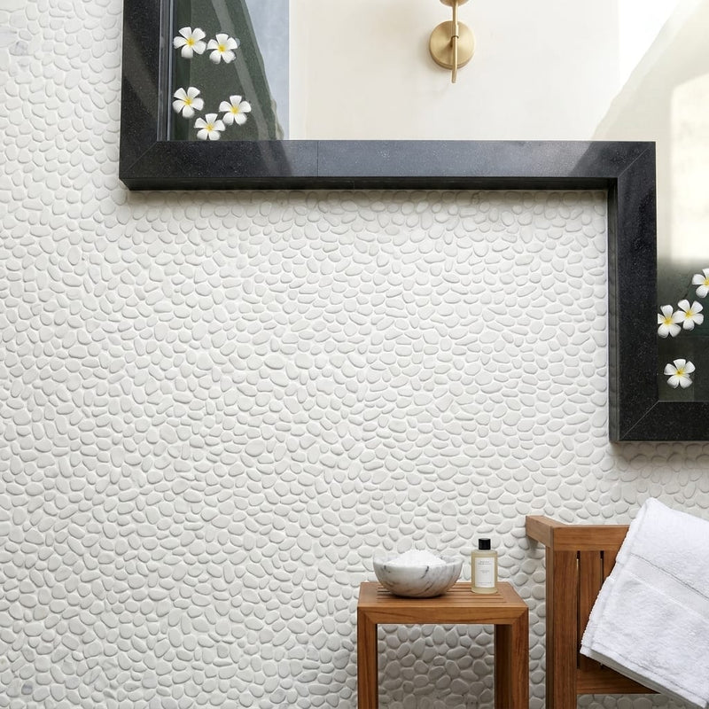Waterbrook White Carrara 12x12 Medium Sliced Pebble Marble Mosaic 12x12_sheet — Spa spa interior