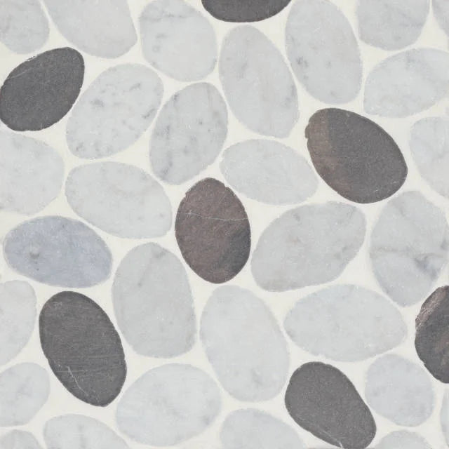 Waterbrook White Carrara/Dark Grey Jumbo Sliced Pebble Marble Mosaic