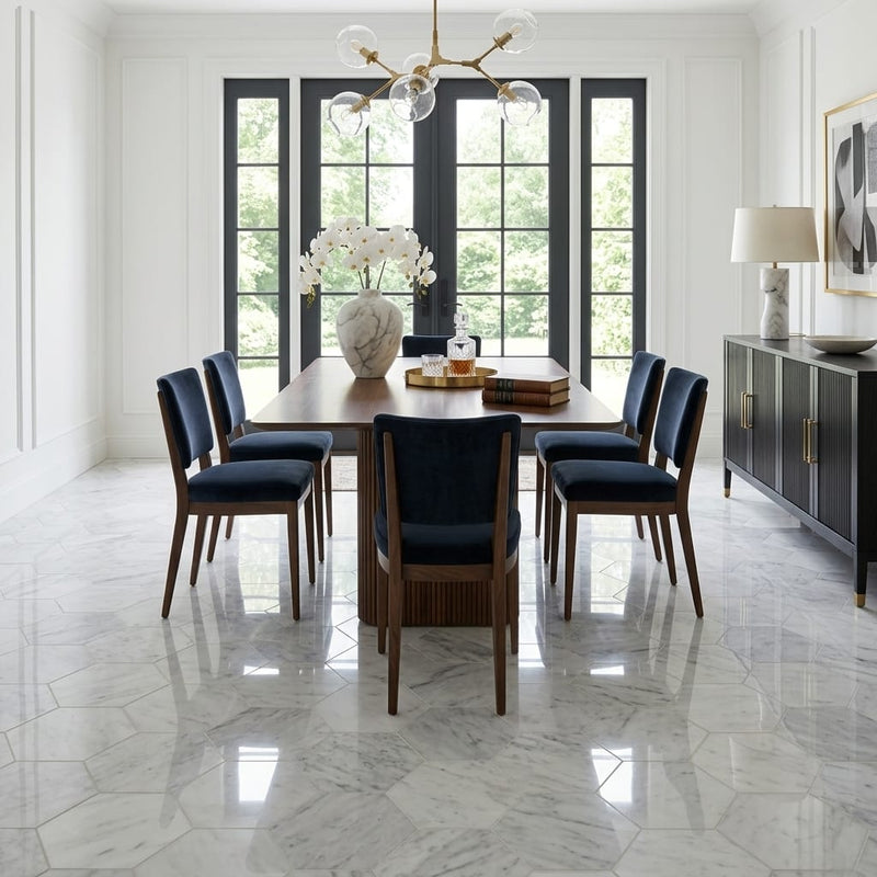 White Carrara 12.5x11.75 Hexagon Polished Marble Tile — Dining Room floor