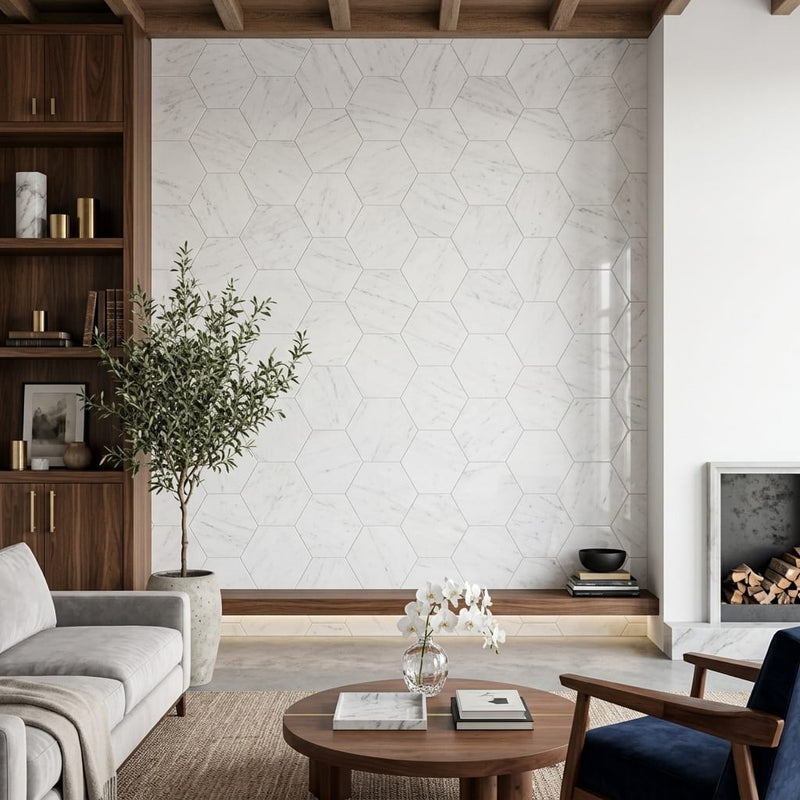 White Carrara 12.5x11.75 Hexagon Polished Marble Tile — Living Room feature wall