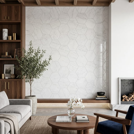 White Carrara 12.5x11.75 Hexagon Polished Marble Tile — Living Room feature wall