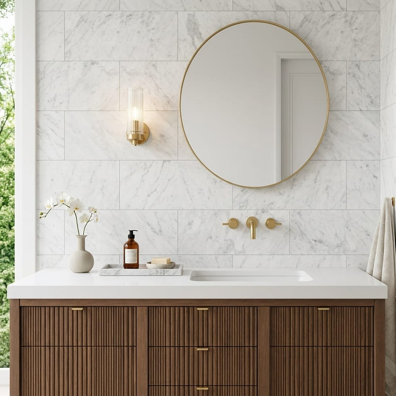 White Carrara 12x24 Honed Marble Tile — Bathroom vanity wall