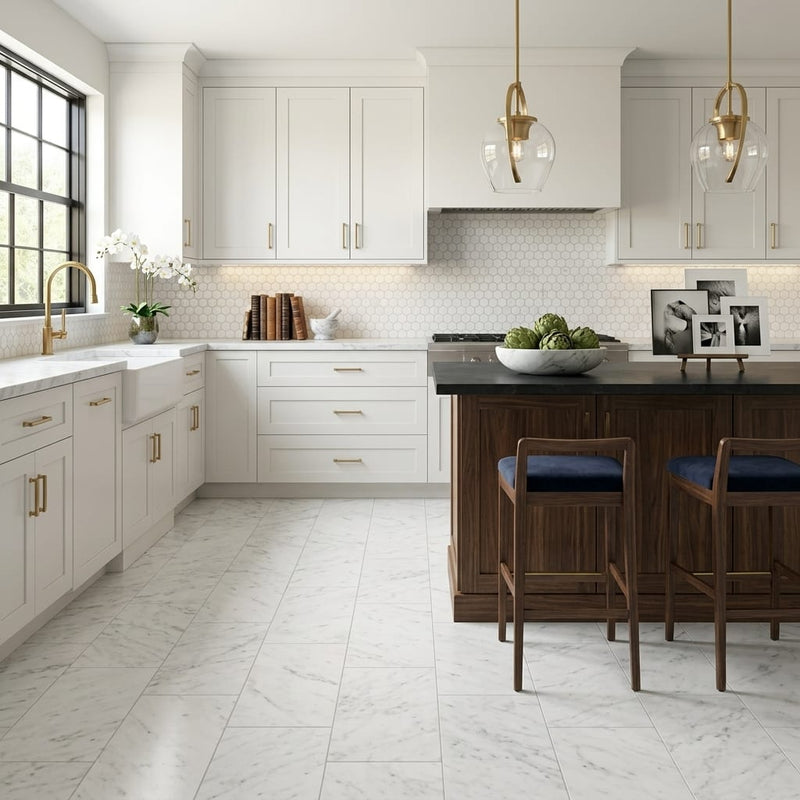 White Carrara 12x24 Honed Marble Tile — Kitchen floor