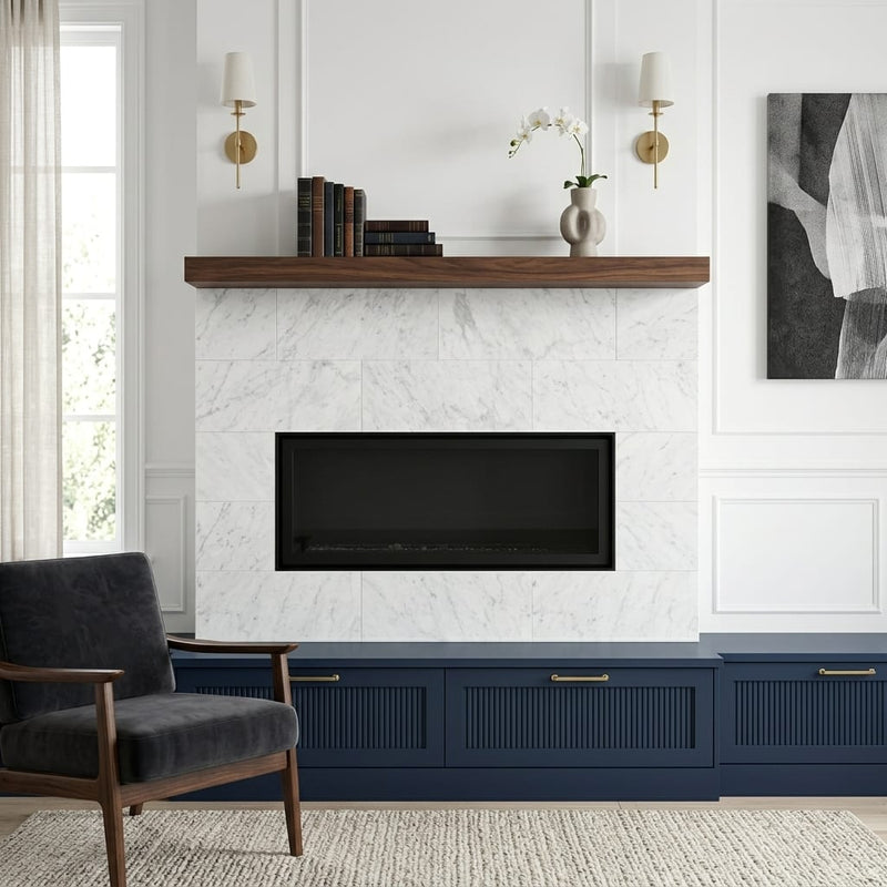 White Carrara 12x24 Honed Marble Tile — Living Room fireplace surround