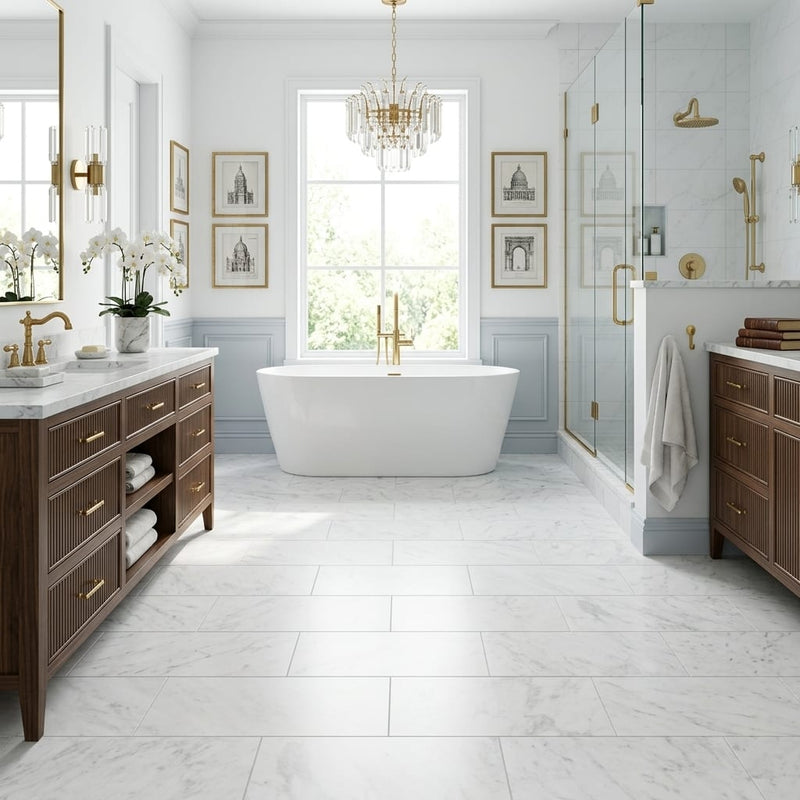White Carrara 12x24 Honed Marble Tile — Primary Bath floor
