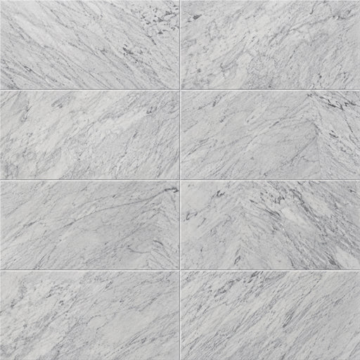 White Carrara 12x24 polished marble tiles with gray veining arranged in two columns and four rows.