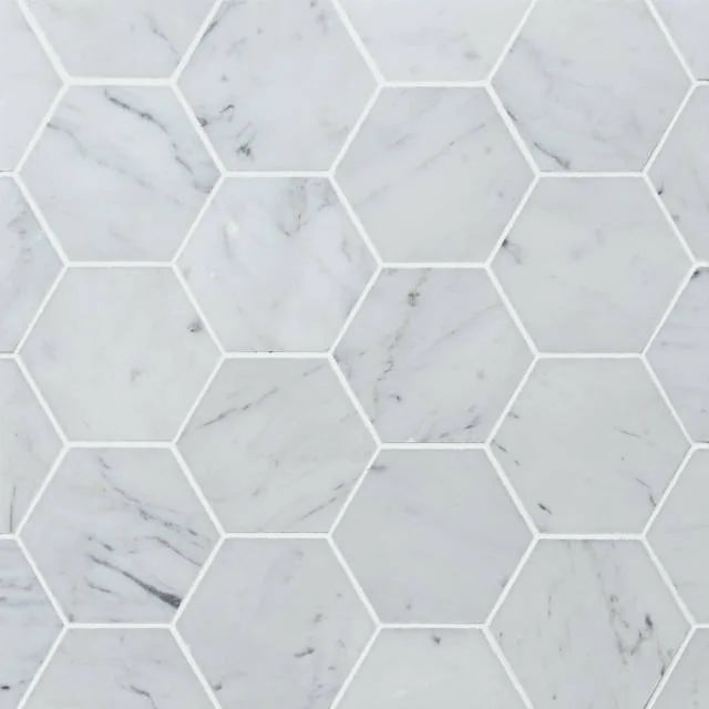 White Carrara 3" Hexagon Honed 12x10.5 Marble Mosaic