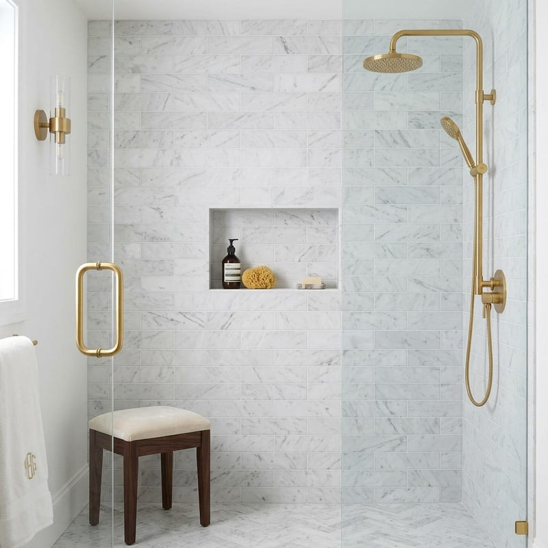White Carrara 3x12 Honed Marble Tile — Bathroom shower wall