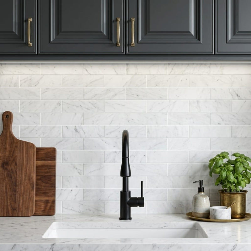 White Carrara 3x12 Honed Marble Tile — Kitchen backsplash